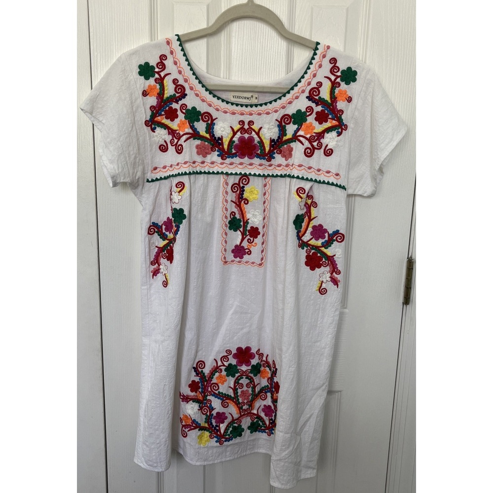 YZXDORWJ Womens White Embroidered Cotton Boho Mini Dress Festival Size M